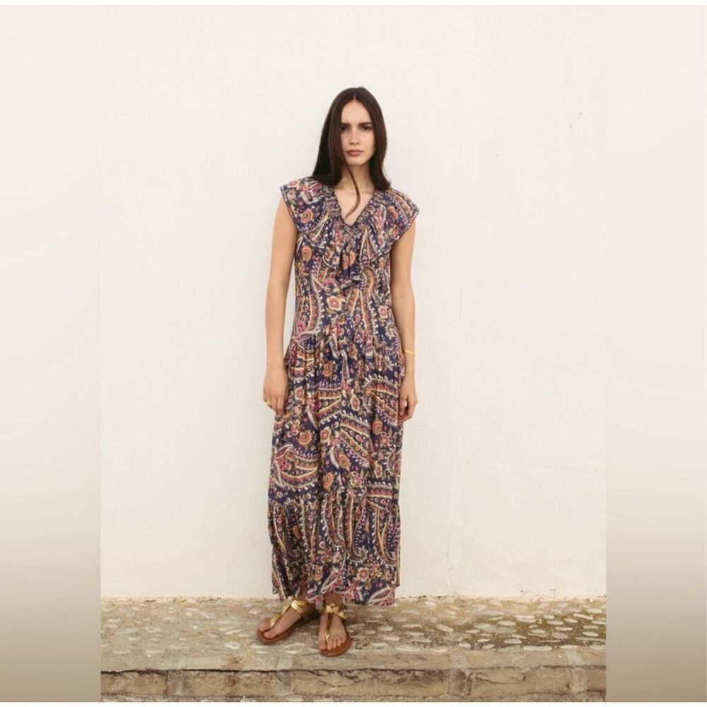 Sonmer Womens Paisley Ruffled Smocked Neck Maxi Dress Multicolor Size Medium NWT